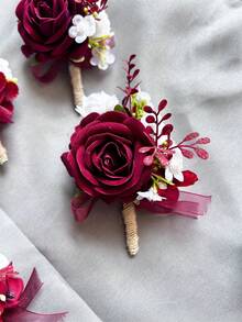 1 buc/6 buc flori artificiale Burgundy Rose mire butonieră bărbat frate corsaj absolvent Pin costum nuntă flori petrecere decorare Ziua Îndrăgostiților accesorii - Burgundia - Vizualizare 4