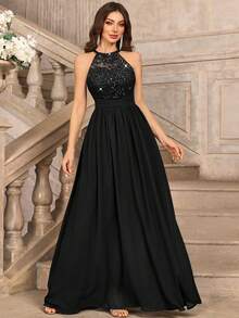MIUSOL Đầm maxi dự tiệc trang trọng, hở lưng, xếp ly, chất liệu chiffon đính sequin và ren hoa, thích hợp cho khách dự đám cưới, lễ tốt nghiệp, tiệc chiêu đãi và các dịp khác, màu đen mùa xuân, thích hợp cho ngày Valentine. - màu đen - Xem 4