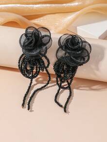 一对黑玫瑰水晶流苏耳环 - 彩色 - 查看 7