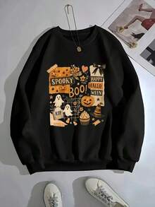 MEN'S Halloween Hoodie - Spooky BOO Graphic, Pumpkin, Bat, Ghosts - Light Beige Crewneck Sweatshirt - Machine Washable Halloween Party Outfit & Everyday Fall Wear,Fall Hoodies,Men's Fall Clothes,Street Wear,Halloween,Mens Hoodies,Y2k Clothes,Jesus Hoodie,Thanksgiving Day,Nightmare Before Christmas,Christmas - 黑色 - 查看 1