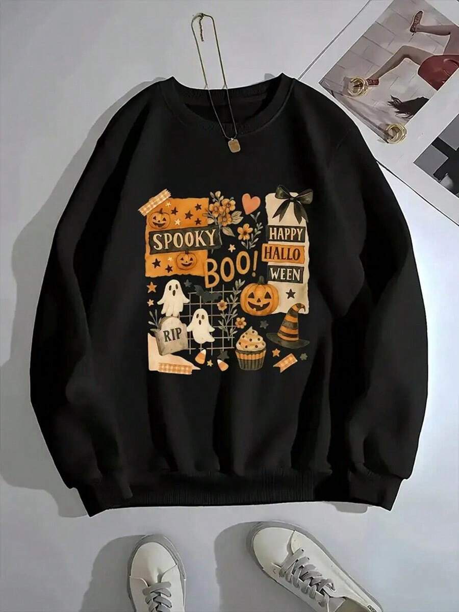 MEN'S Halloween Hoodie - Spooky BOO Graphic, Pumpkin, Bat, Ghosts - Light Beige Crewneck Sweatshirt - Machine Washable Halloween Party Outfit & Everyday Fall Wear,Fall Hoodies,Men's Fall Clothes,Street Wear,Halloween,Mens Hoodies,Y2k Clothes,Jesus Hoodie,Thanksgiving Day,Nightmare Before Christmas,Christmas - 黑色 - 查看 1