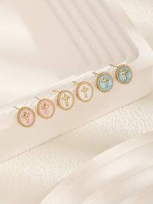 1 Pair Popular Multi-Color Stainless Steel Chain Cross Stud Earrings For Girls Kids Friends Party Glamorous Christian Ascension Day Jewelry Gift For Everyday Wear - Multicolor - View 3