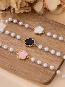 3pcs Women's Fashion Bracelet Set, Beaded Lucky Clover Charm Bracelets In Black, White And Pink, Stylish & Casual, Suitable For Daily Wear And Holiday Gifts - Multicolor - View 3