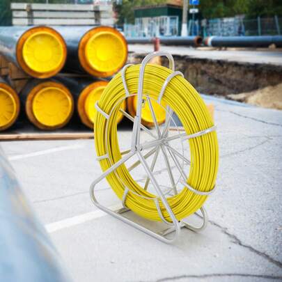 Cinta de pescado de fibra de vidrio, 425 pies, 1/4 pulgada, extractor de cables con varilla para cables, varilla para correr cables con soporte de carrete de acero, 3 cabezales de extracción, herramientas de pesca para paredes y conductos eléctricos, no conductor