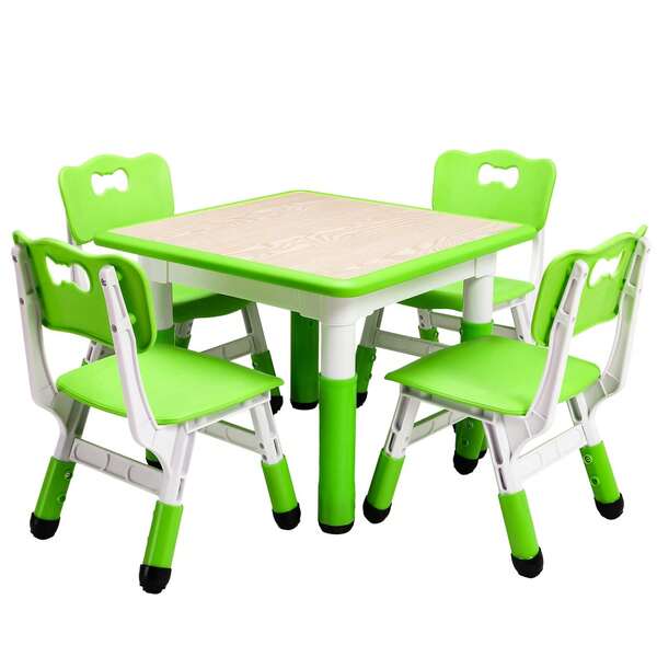 Toddler Table And Chairs Set For 4, 23.6''L X 23.6''W Kids Study Table And Chair Set, Height-Adjustable, Graffiti Desktop, Children Activity Table For Daycare, Classroom, Home
