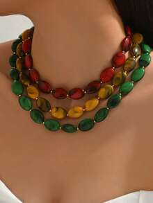1pc Or 3pcs Fashionable Elegant Bohemian Style Multicolor Plastic Flat Bead Necklace, Layered Wearable Jewelry Set, Suitable For Vacation, Party, Gathering, Dinner And Other Occasions, Plastic Bead Color And Pattern Size Are Multicolor And Handmade, Each Bead Is Different But Does Not Affect Your Purchase - Multicolor - View 2
