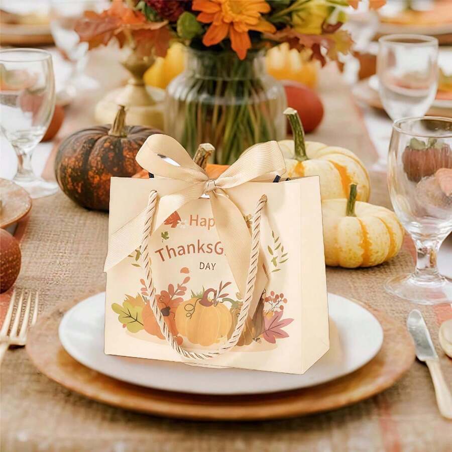 Thanksgiving Pumpkin Gift Bag With Bow Ribbon And Handle - Eye-Catching Festive Autumn Packaging Bag For Unforgettable Gifts  Decor - Champagne - View 1
