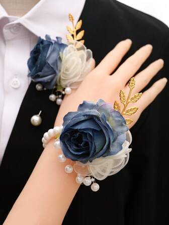 1 Set Elegant Navy Blue Rose & Beige Camellia Flower Brooch + Wrist Corsage, Suitable For Groom, Bride, Wedding, Party, Banquet Decoration Valentine's Day Accessories