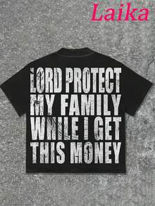 [Camiseta Motivacional Audaz] Camiseta Gráfica Y2K para Hombre - Diseño Motivacional de Dinero Audaz| Camiseta de moda urbana con eslogan GET RICH & LORD PROTECT MY FAMILY - Camiseta ligera de verano para moda urbana y atuendos casuales - Lavable a máquina, ajuste regular, cuello redondo, top con estampado desgastado, tela transpirable - Negro - Ver 4