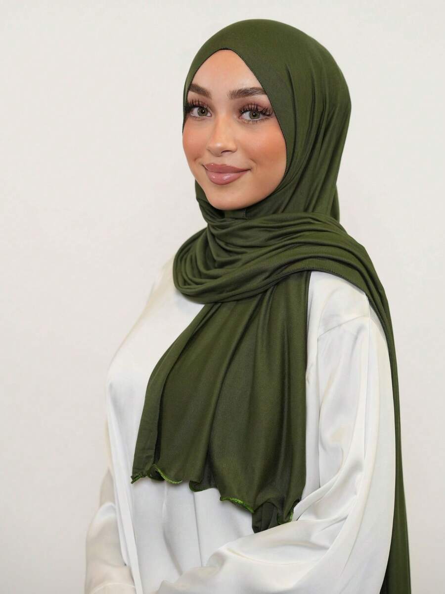 1 pieza Pañuelo de mujer casual de unicolor, suave modal con ribete de volantes, pañuelo hiyab conservador liso adecuado para uso diario con vestido - Verde Oliva - Ver 1