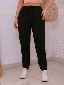 Women's Simple Knot Pocket Drawstring Pants - Black - View 4
