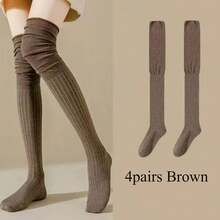 4 双女式及膝袜 - 高弹力薄款长筒纯色涤纶长袜，四季可机洗，适合户外休闲装，多种袜子款式，高弹力材质