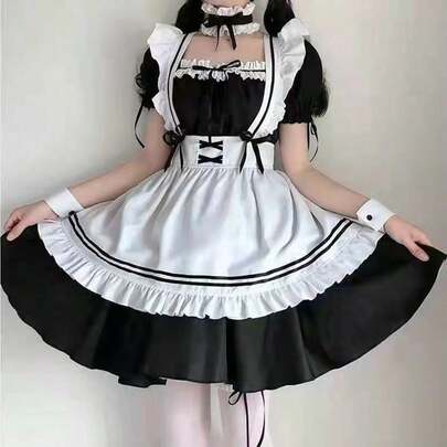 1pc Maid Costume Cute Lolita Dress Outfit, Black & White, Innocent Girl Cosplay Costume For Christmas, Daily Wear, Photo Shoot, Party, Stage Performance