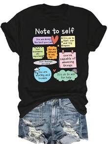 [Camiseta de moda casual] Camiseta suave y cómoda para mujer - Citas de autocuidado Casual de manga corta y cuello redondo, regalo perfecto para la abuela y la mamá, uso casual de primavera y verano - Negro - Ver 1
