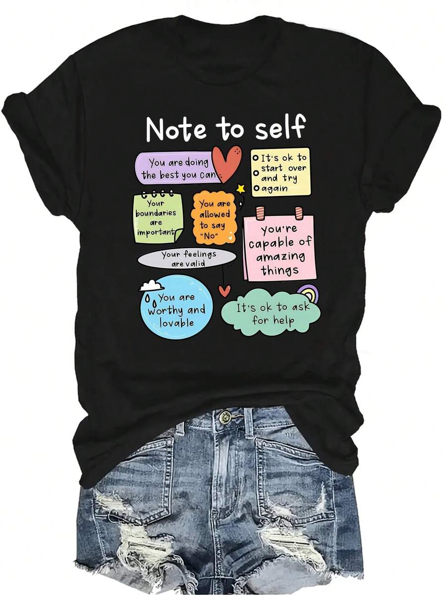 [Camiseta de moda casual] Camiseta suave y cómoda para mujer - Citas de autocuidado Casual de manga corta y cuello redondo, regalo perfecto para la abuela y la mamá, uso casual de primavera y verano - Negro - Ver 1