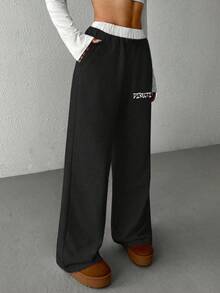 1pc Tween Girls Solid Color Patchwork Fashionable High Street Versatile Pants - Black and White - View 3