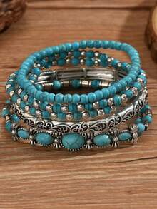 5pcs/Set Western Cowboy Style Vintage Simulated Turquoise Beaded Elastic Rope Bracelet Set, Unisex Daily Wear - Multicolor - View 4