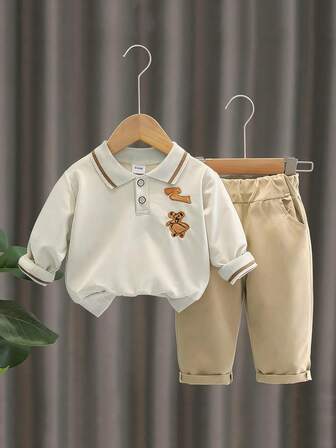 2pcs/Set Kids Embroidered Bear Collar Long Sleeve Top And Pants Set, Spring/Autumn