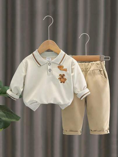 2pcs/Set Kids Embroidered Bear Collar Long Sleeve Top And Pants Set, Spring/Autumn