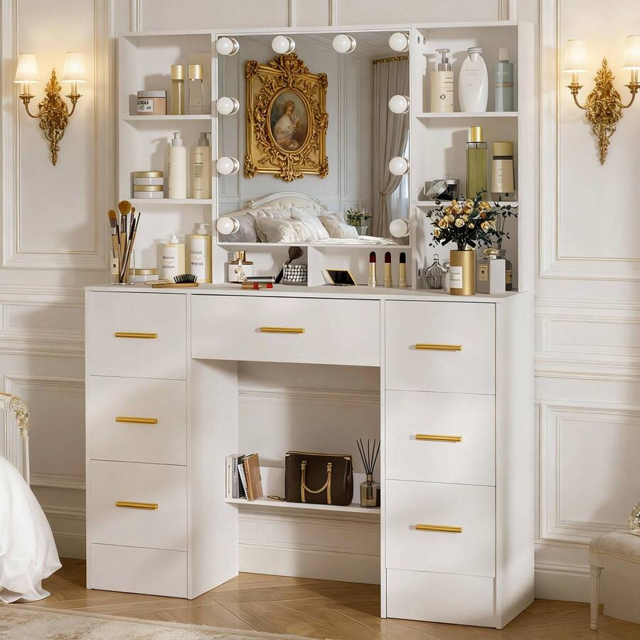 INS Cream Style Scandinavian Solid Wood LED Makeup Mirror Desk - Dimmable LED Light, Large Drawer With Partition | 1-Piece Workstation For Girly Princess Vibe | Neat Storage For Cosmetics & Skincare | Fresh Aesthetic, In Stock & Fast Shopping - White - View 1