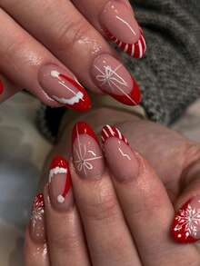 Christmas Nail Art Set, 24pcs Christmas Long Almond Shaped Fake Nails, Decorated With French Red Christmas Hats, White Snowflakes And Bows, All Nails Decorated. Set Includes 1 Nail File And 1 Nail Glue Sheet. Suitable For Girls And Women, Ideal Gift For Holiday Parties, Dates And Daily Wear. Autumn Nail Art, Press-On Acrylic Nails, Press-On Nail Art, Single Pack, Nail Art Set, Christmas Theme. - Red - View 8