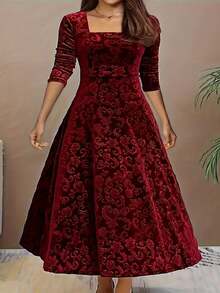 Plus Size Elegant Solid Color Jacquard Long Sleeve Square Neck Dress Spring Vacation - Burgundy - View 1
