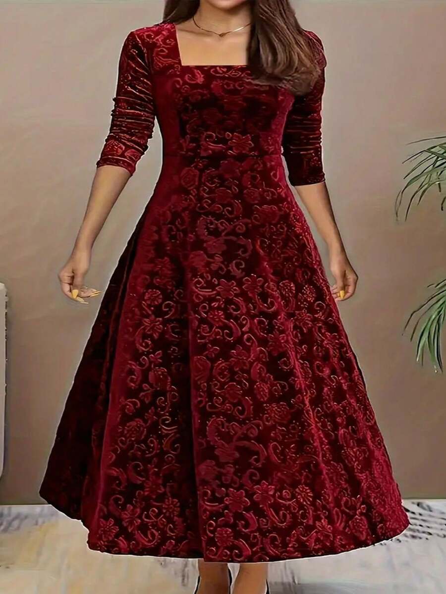 Plus Size Elegant Solid Color Jacquard Long Sleeve Square Neck Dress Spring Vacation - Burgundy - View 1