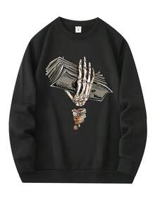 Skull Hand With Money Print Men's New Y Pullover Round Neck Long Sleeve Sweatshirt Loose Casual Top For Autumn Winter Men's Clothing As Gifts Leisure Holiday,Fall Hoodies,Men's Fall Clothes,Street Wear,Halloween,Mens Hoodies,Y2k Clothes,Jesus Hoodie,Thanksgiving Day,Nightmare Before Christmas,Christmas - Black - View 1