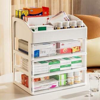 透明抽屉式药品收纳盒（2/3/4层），紧凑型急救储物盒，可存放药丸和维生素，多功能台面收纳架，可放置化妆品/文具 - 节省空间的梳妆台和办公用品