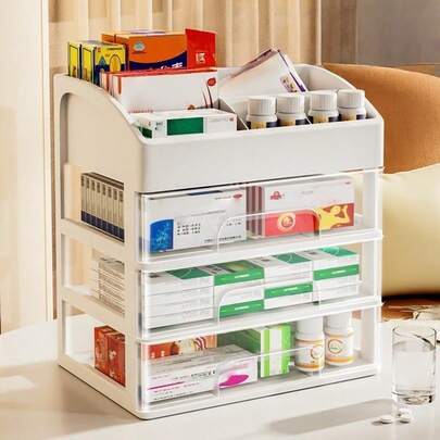2/3/4 Ripiani Organizzatore Medicinali con Cassetti Trasparenti, Scatola di Stoccaggio di Primo Soccorso ad Alta Capacità per Facile Accesso, Soluzione Salvaspazio da Appoggio per Pillole Familiari e Prodotti Essenziali per la Casa