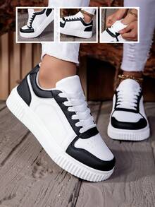 Damen Flache Sneaker, weiße runde Zehen Schnürung Niedrig-Top Lässig Weiche Sohle Leichtgewicht Schuhe, geeignet für alle Jahreszeiten