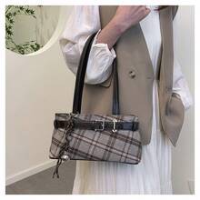 Vintage Plaid Shoulder Bag| Checkered Tote With Pendant, Perfect For Commute, Shopping & Holiday Gifts - Coffee - View 8