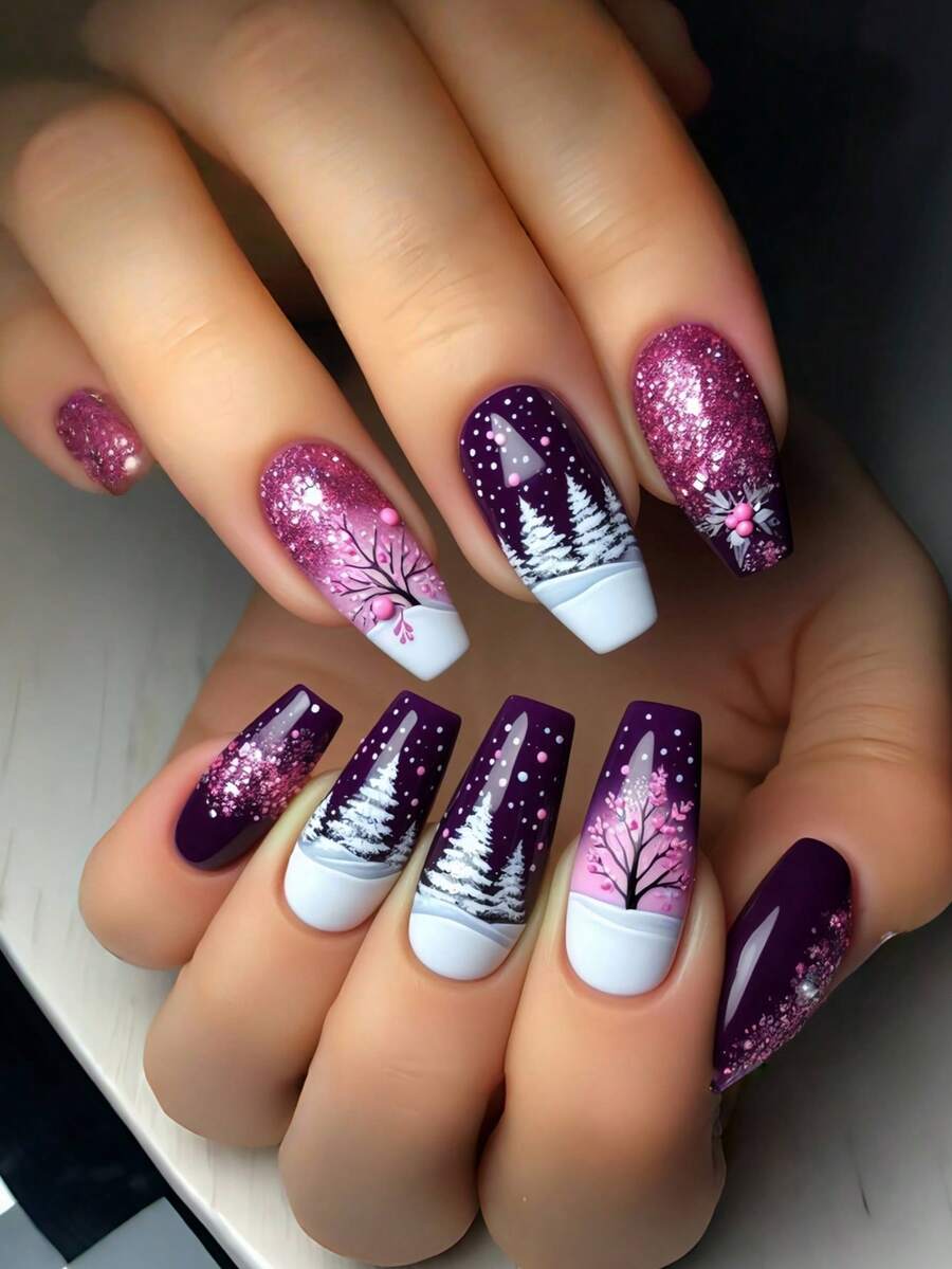 Santa Claus Christmas Tree Christmas Nails 24 Piece Of Fake Nails Press On Nails Almond Fall Press On Nails Press On Nails Cute Nails Fake Nails Multicolored Nails Purple Nails