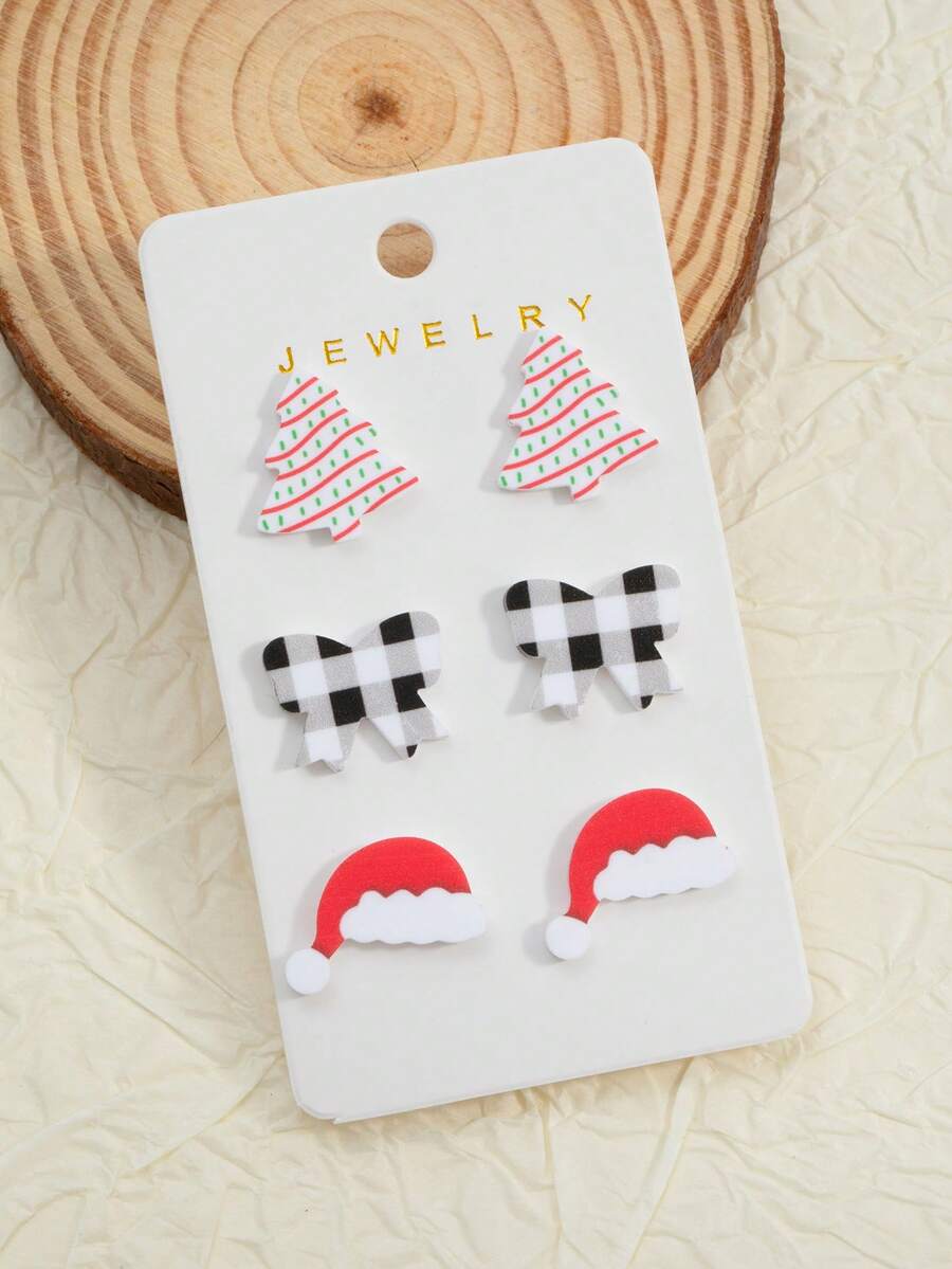 Set de 3 pares de aretes colgantes de moda navideña con diseños de árbol de Navidad, gorro de Santa, moño, hechos de acrílico y arcilla falsa pintada, como regalo para Navidad, fiestas y temporada de invierno
