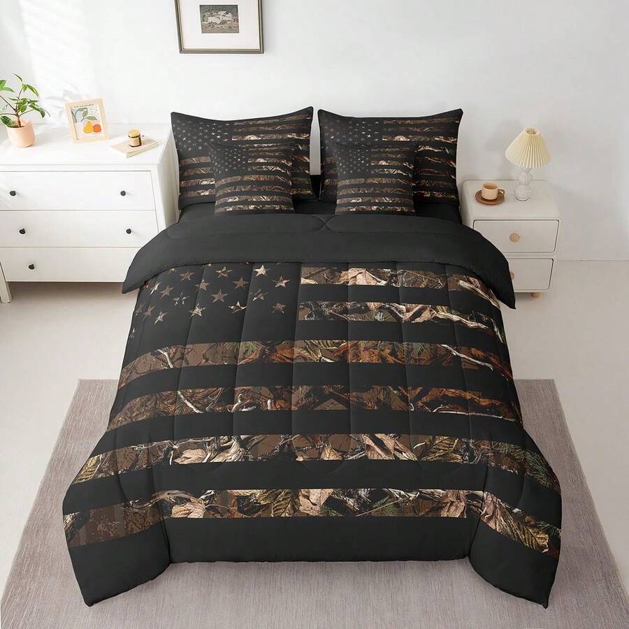 Feelyou 7pcs American Flag Comforter Set,Brown Camouflage Botancial Bedding Set,Include 1 Comforter+1 Flat Sheet+1 Fitted Sheet+2 Pillowcases+2 Pillowsham,For Twin,Full,King,Queen Bed Sizes,Bed In A Bag,Super Soft And Breathable,Easy Care All Seasons,Bed In A Bag,Wonderful Room Decor,Holiday Gift - Black - View 1