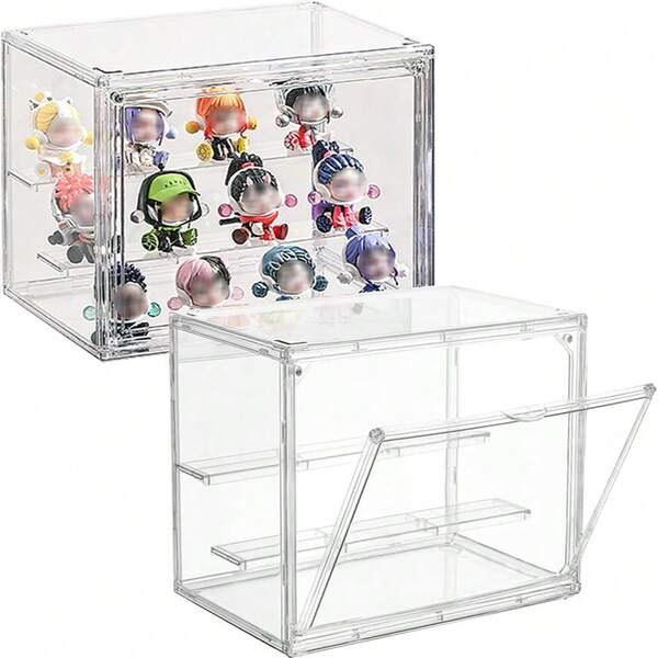 علبة عرض أكريليك قابلة للتعديل ثلاثية الطبقات، باب مغناطيسي، علبة عرض شفافة قابلة للتكديس، علبة عرض للمصغرات