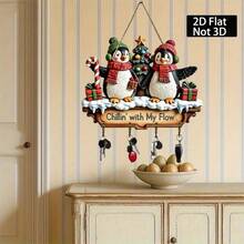 2D Flat Penguin Christmas Tree Key Hook With 4 Metal Hooks - Ideal For Holiday Wooden Wall And Porch Decor, Multipurpose Home And Villa Decoration, Making It An Excellent Choice For Christmas Gifts And Holiday Celebrations, Christmas Decor, Home Christmas Decoration, 2D Flat Design, No Electricity Required.