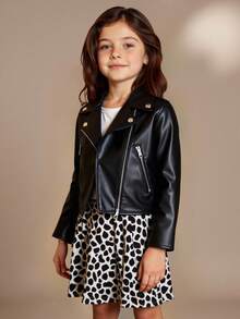 SHEIN Elladie kids Young Girl And Young Girl Black PU Leather Jacket, Elegant Casual Outerwear Suitable For Outings, Daily Wear And Any Casual Occasions, Fall/Winter - Black - View 4
