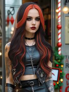 clouder Black Highlight Orange Extra Long Curly Wig 30 Inch Cosplay Wig Halloween Christmas Wig Elegant Soft Matte Hair Loose Curls Casual Outing Street Punk Wig Rock Wig Fluffy Natural Cool Girl Synthetic Heat-Resistant Fiber Wig Suitable For Women Daily Party Wig Music Festival Wig Avant-Garde College Style Wig Modern Fashion Gothic Wig - 挑染棕色 - 查看 4