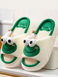 1 双亚麻卡通防滑设计平底休闲可爱家居拖鞋，适合所有季节