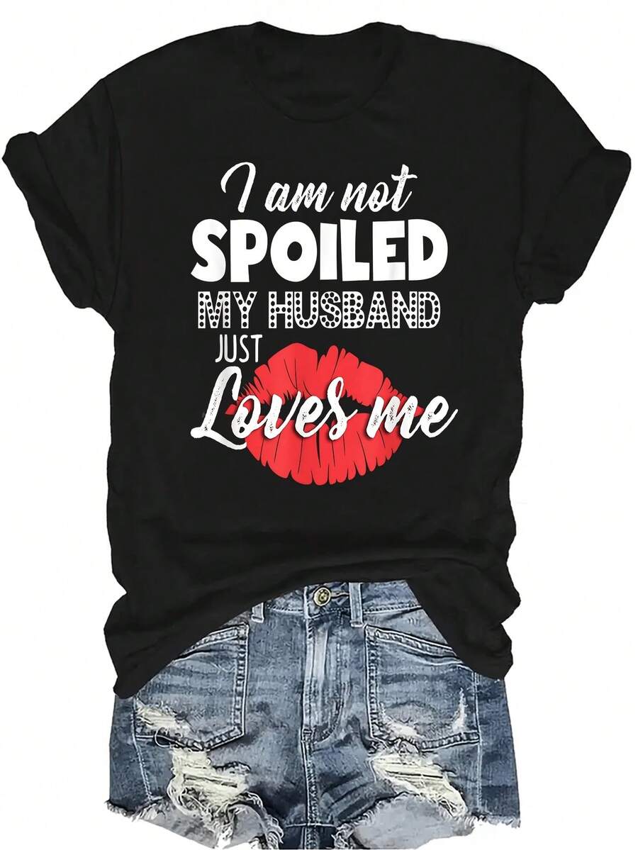 [Camiseta de Moda Casual] Camiseta de Mujer Suave y Cómoda - No Mimada Sino Amada Casual de Manga Corta y Cuello Redondo, Regalo Perfecto para Abuela y Mamá, Uso Casual de Primavera y Verano - Negro - Ver 1