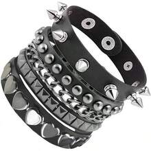 Eigso 3 Pcs Leather Punk Bracelets Men Women Of Rock Rivet Wrap Retro Spike Bracelet Adjustable - 黑色 - 3 顆心 - 查看 8