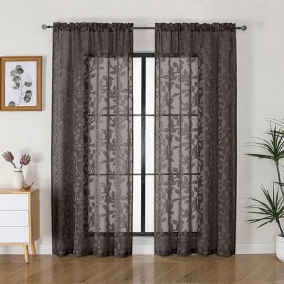 Brown Sheer Curtains 72 Inches Long 2 Panels For Living Room, Jacquard Clip Leaf Pattern Textured Light Filtering Window Semi Sheer Voile Drapes For Bedroom, Each Panel 42 X 72 Inch