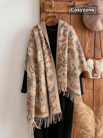 1pc Women's Autumn/Winter Faux Cashmere Vintage Paisley Floral Pattern Jacquard Bohemian Style Warm Tasseled Scarf/Shawl For Travel