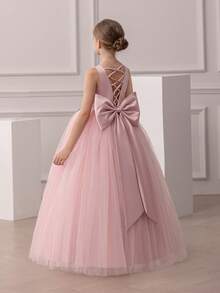 Tween Girl Bowknot Backless Deep V Criss-Cross Strap Mesh Princess Dress, Suitable For Birthday Party, Wedding, Flower Girl, Prom, Holiday Occasions - Pink - View 3