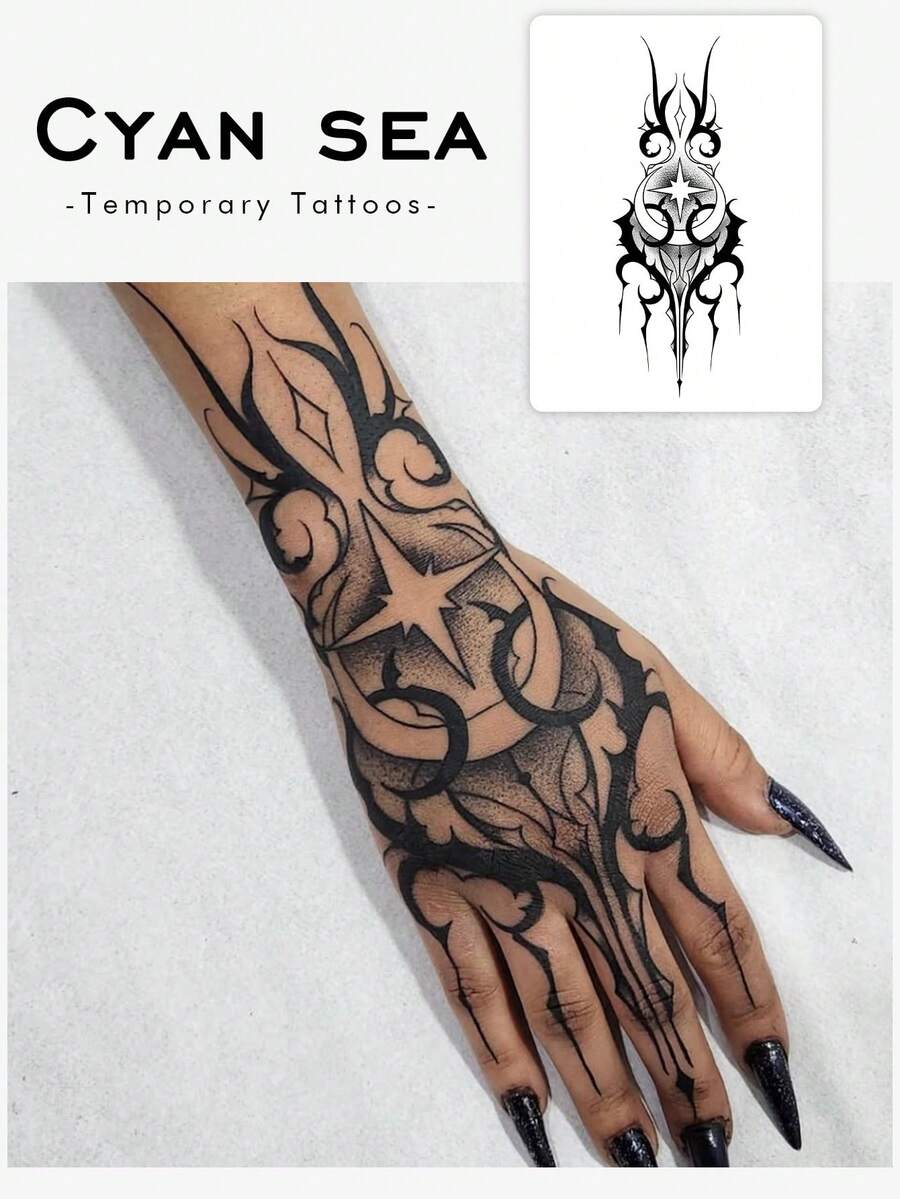 Waterproof, Sweat-Proof, Washable, Non-Reflective Temporary Tattoo Sticker. One Sheet. Bold Spirit And Devil Tattoo Pattern. And Fashionable. Suitable For People To Use Daily. - Black - View 1
