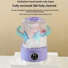 Portable Rechargeable Mini Washing Machine, Suitable For Home And Travel Use. Separate Washing For Underwear, Socks, Etc. With A Drainage-Free Washing Cup, 1L Capacity For Dedicated Clothes Washing, 2600MHA Battery Capacity, 360° Sealed Cleaning, 4D Wave Turbine Design. - 紫色 - 查看 10