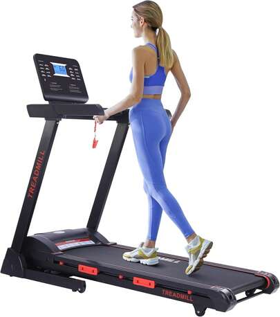 Cinta de correr plegable, máquina de cardio con inclinación automática y monitorización de frecuencia cardíaca, potente motor silencioso de 3.5 HP, velocidad máxima de 14 km/h, banda de carrera de 48 x 18 Pulgada , diseño compacto