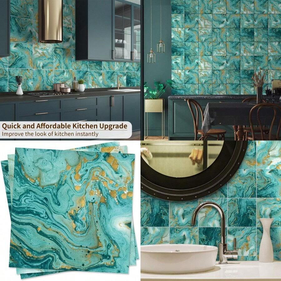MX 50Pcs Peel And Stick Backsplash Wall Tile For Kitchen Bathroom Laundry Room 5.9"X5.9" Turquoise Marble - 綠松石大理石 - 查看 1