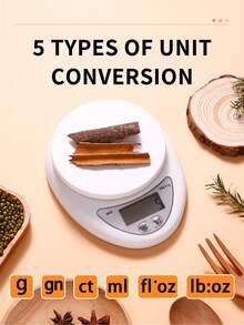 1 pieza Bascula Digital Gramera Para Cocina Hasta 5kg Multifuncional,con función de tara, capacidad de 5 kg/11 libras, 3 unidades de medición (g/oz/libras), base antideslizante, alimentada por batería (incluso AAA),Diseño compacto para uso doméstico y restaurante. - Blanco - Ver 3